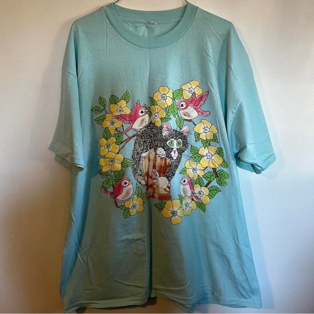 Vintage blue cat tshirt with Birds and Flowers